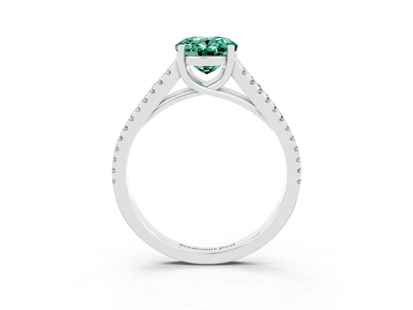 Silver Oval Cut Green Sapphire Solitaire Engagement Ring with Split Shank Pavé Band