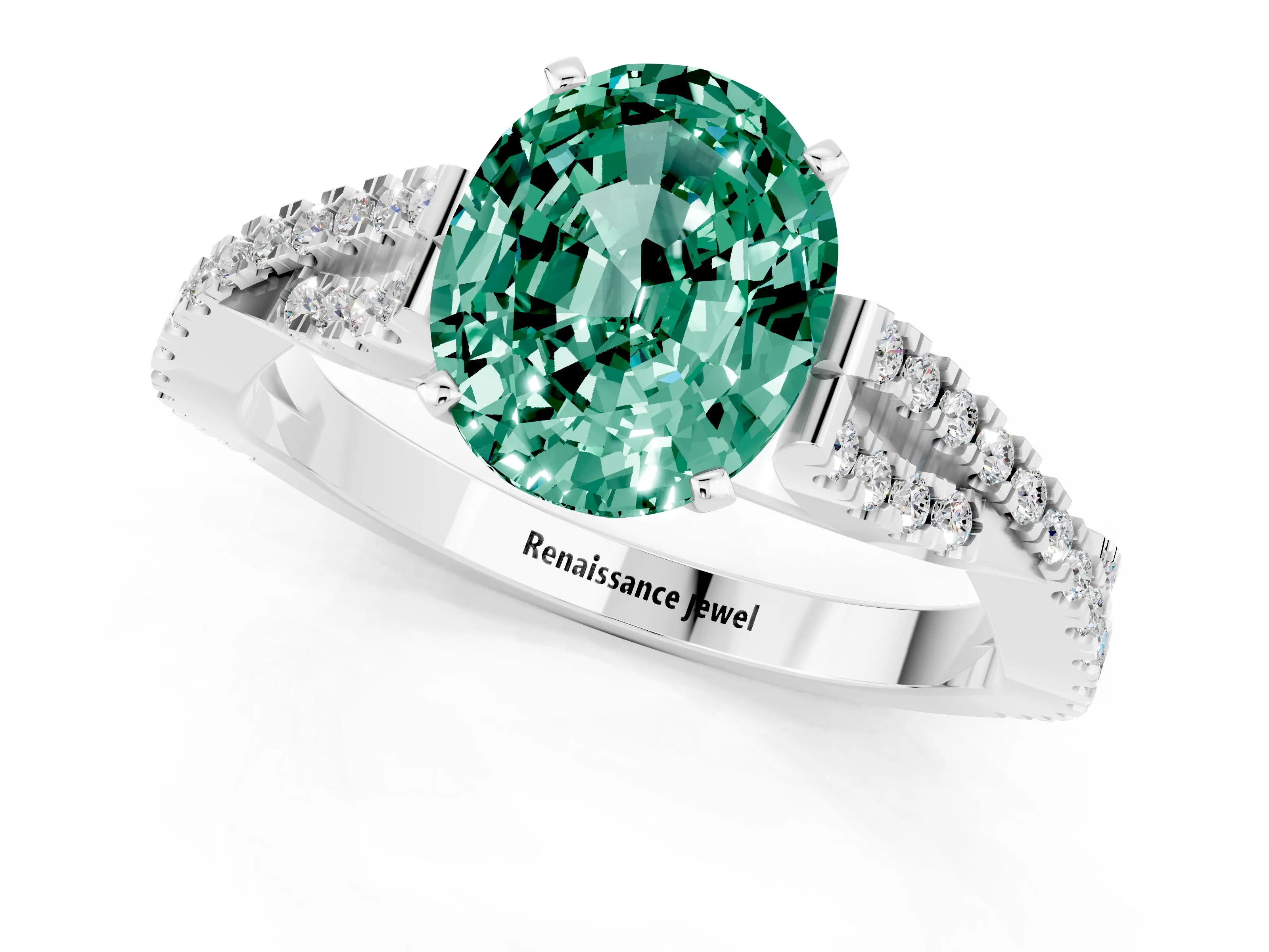 White gold Oval Cut Green Sapphire Solitaire Engagement Ring with Twisted Pavé Band and Four-Prong Setting_1