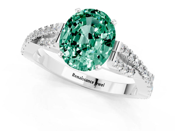 Platinum Oval Cut Green Sapphire Solitaire Engagement Ring with Twisted Pavé Band and Four-Prong Setting