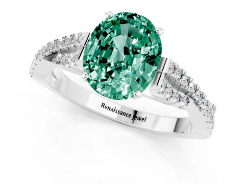 White gold Oval Cut Green Sapphire Solitaire Engagement Ring with Twisted Pavé Band and Four-Prong Setting_1