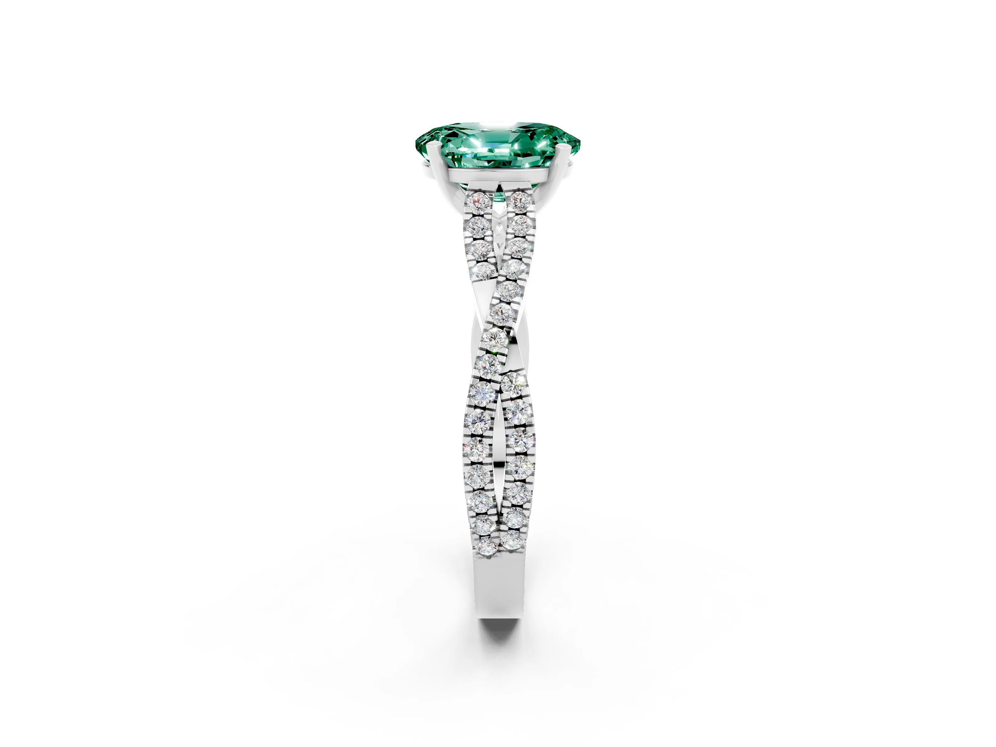White gold Oval Cut Green Sapphire Solitaire Engagement Ring with Twisted Pavé Band and Four-Prong Setting_2