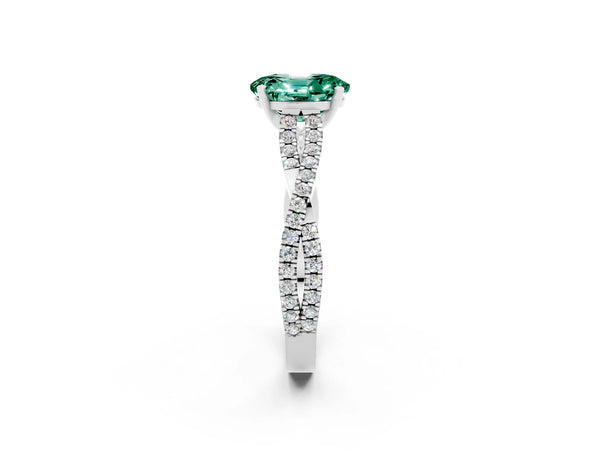 White gold Oval Cut Green Sapphire Solitaire Engagement Ring with Twisted Pavé Band and Four-Prong Setting