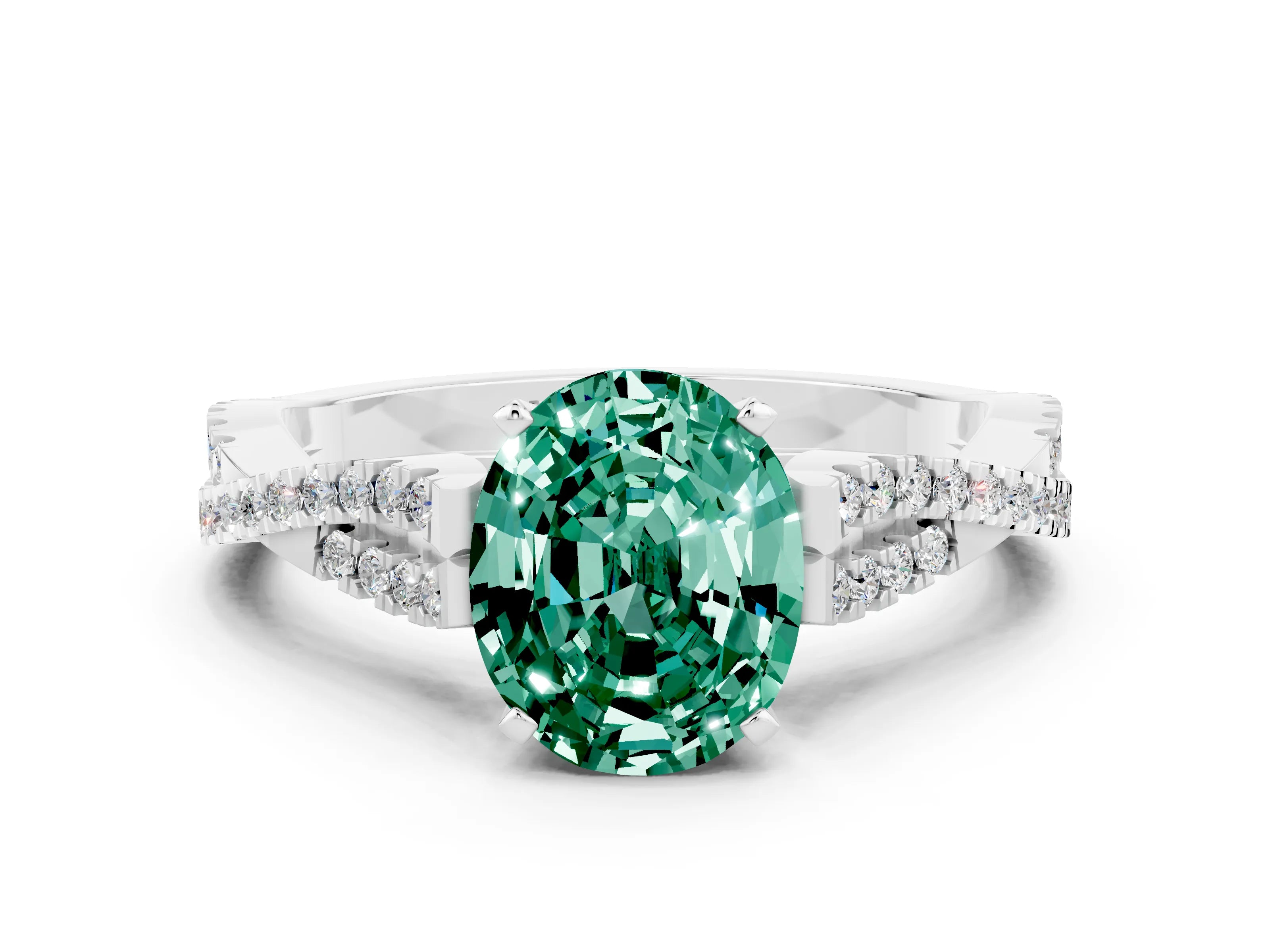 White gold Oval Cut Green Sapphire Solitaire Engagement Ring with Twisted Pavé Band and Four-Prong Setting