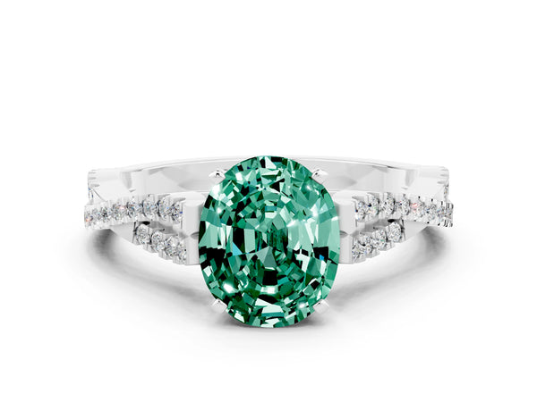 White gold Oval Cut Green Sapphire Solitaire Engagement Ring with Twisted Pavé Band and Four-Prong Setting