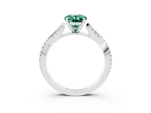 Silver Oval Cut Green Sapphire Solitaire Engagement Ring with Twisted Pavé Band and Four-Prong Setting
