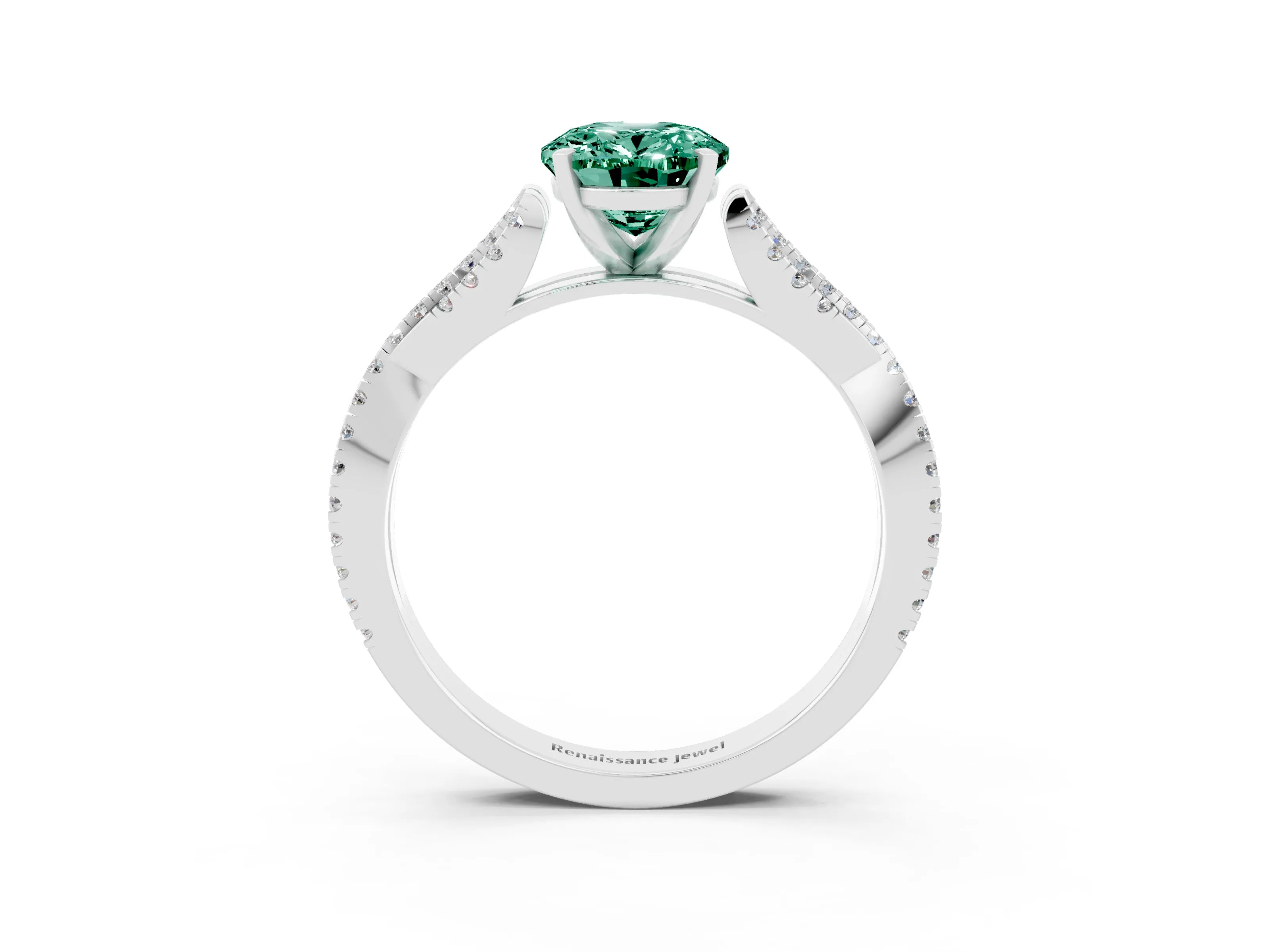 White gold Oval Cut Green Sapphire Solitaire Engagement Ring with Twisted Pavé Band and Four-Prong Setting_3
