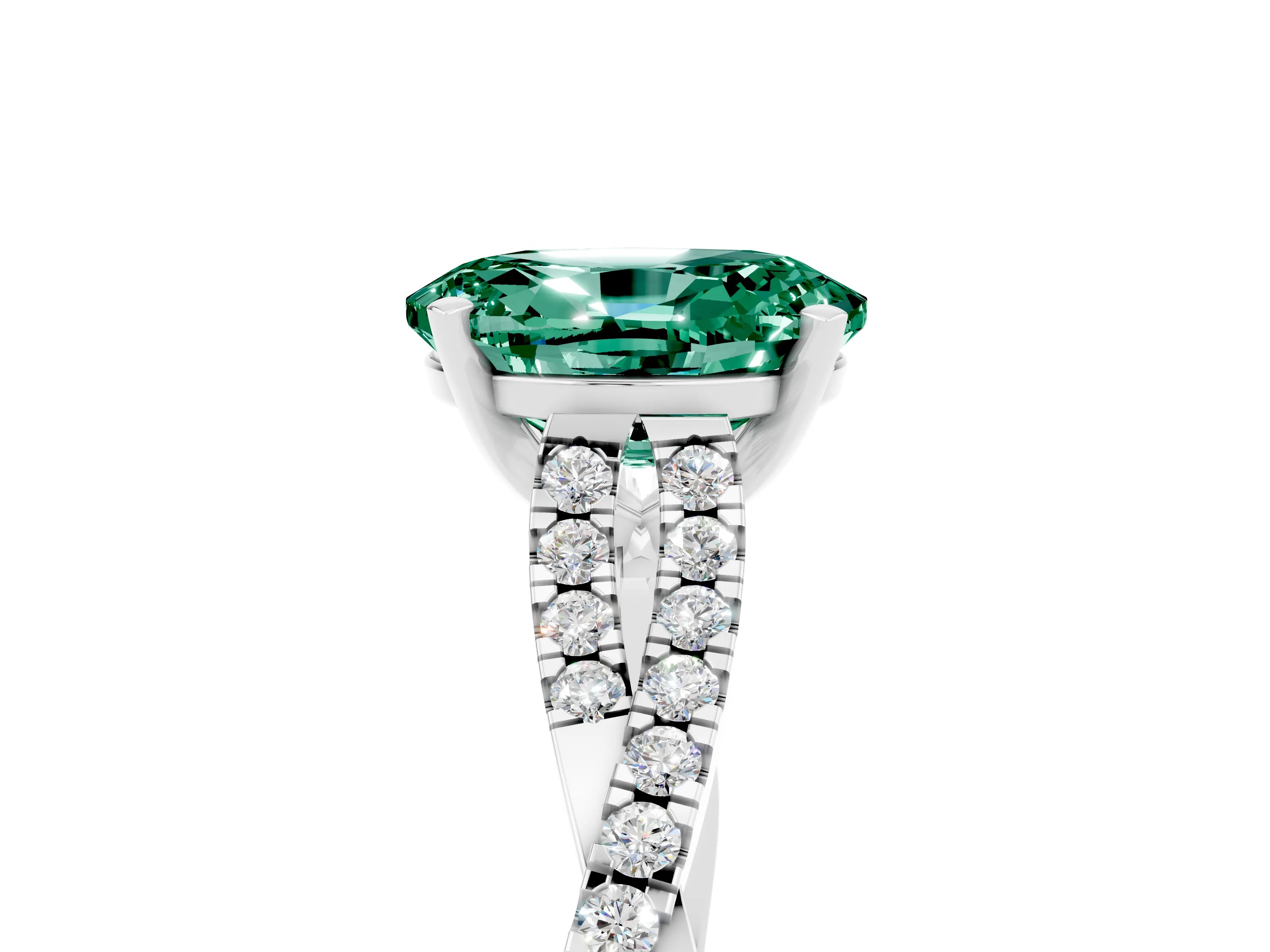 White gold Oval Cut Green Sapphire Solitaire Engagement Ring with Twisted Pavé Band and Four-Prong Setting_5