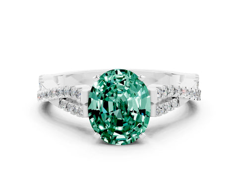White gold Oval Cut Green Sapphire Solitaire Engagement Ring with Twisted Pavé Band and Four-Prong Setting
