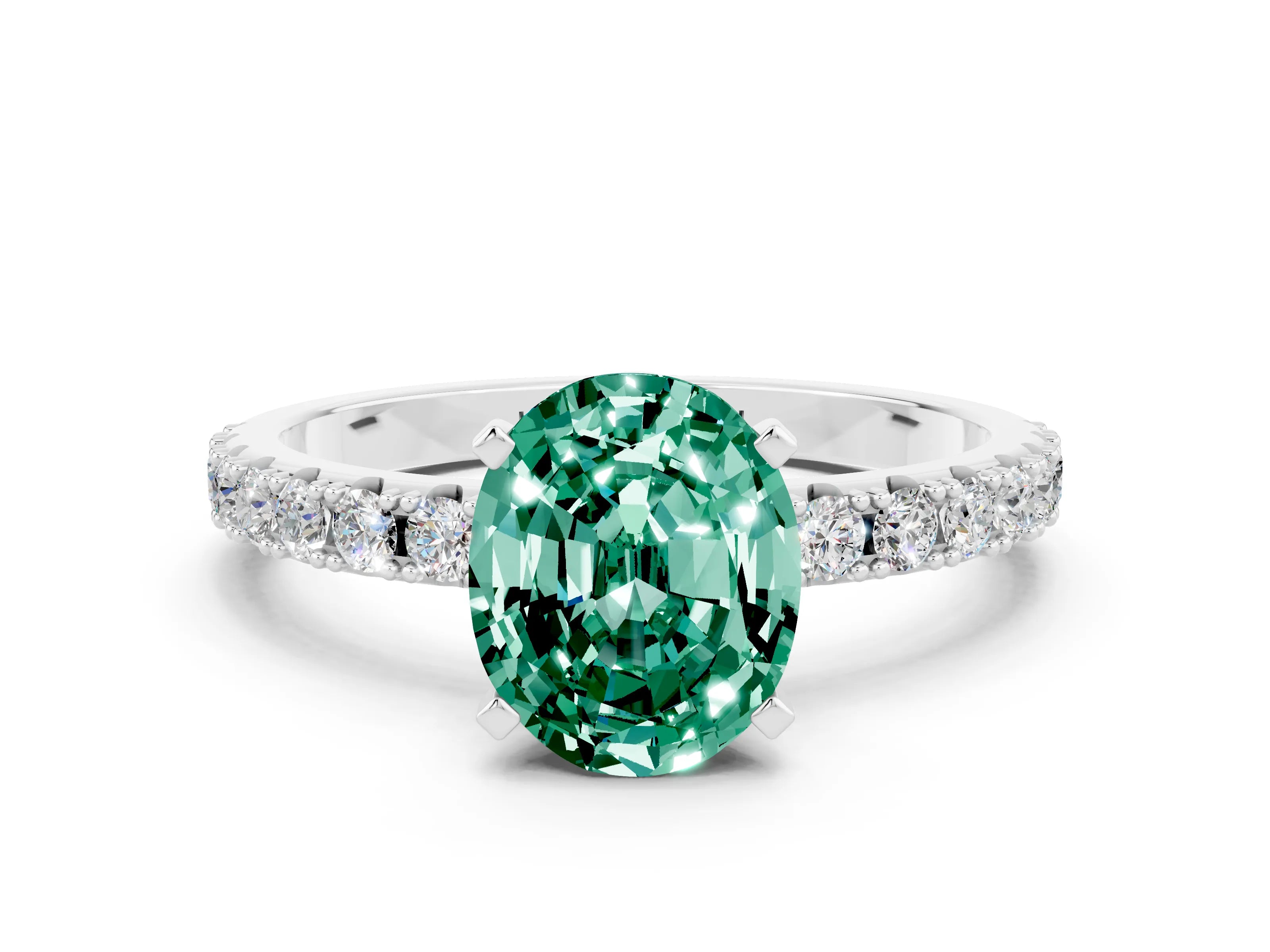 White gold Oval Cut Green Sapphire Solitaire Pavé Band with Four-Prong Setting