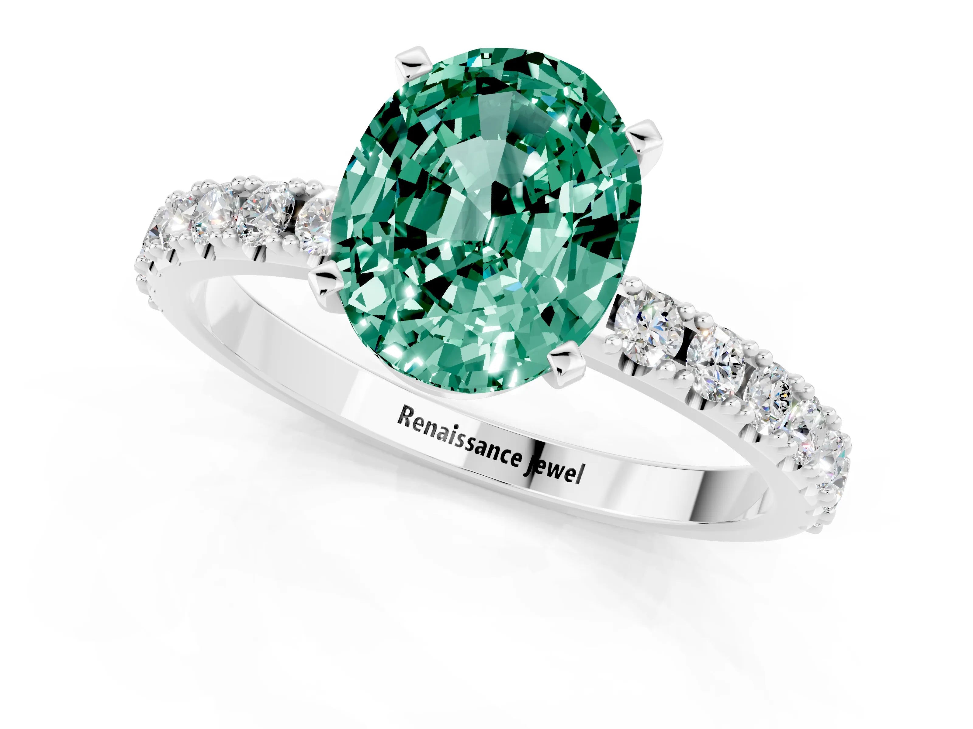 White gold Oval Cut Green Sapphire Solitaire Pavé Band with Four-Prong Setting_1