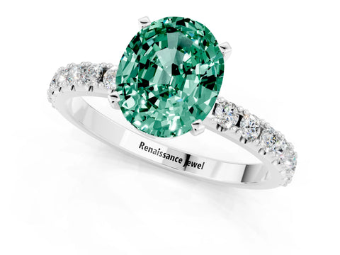 White gold Oval Cut Green Sapphire Solitaire Pavé Band with Four-Prong Setting_1