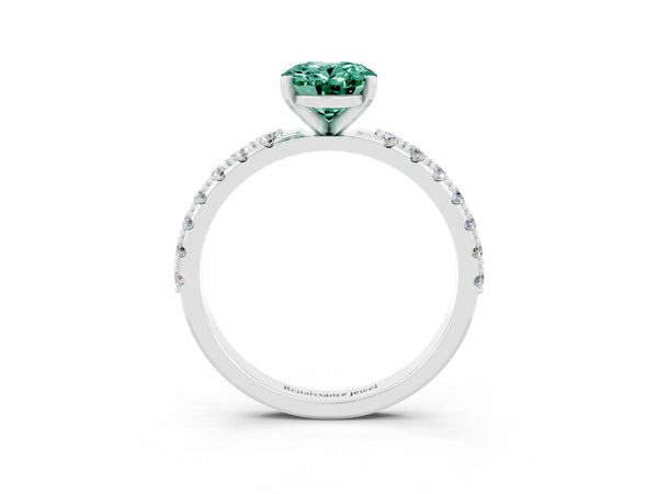 White gold Oval Cut Green Sapphire Solitaire Pavé Band with Four-Prong Setting