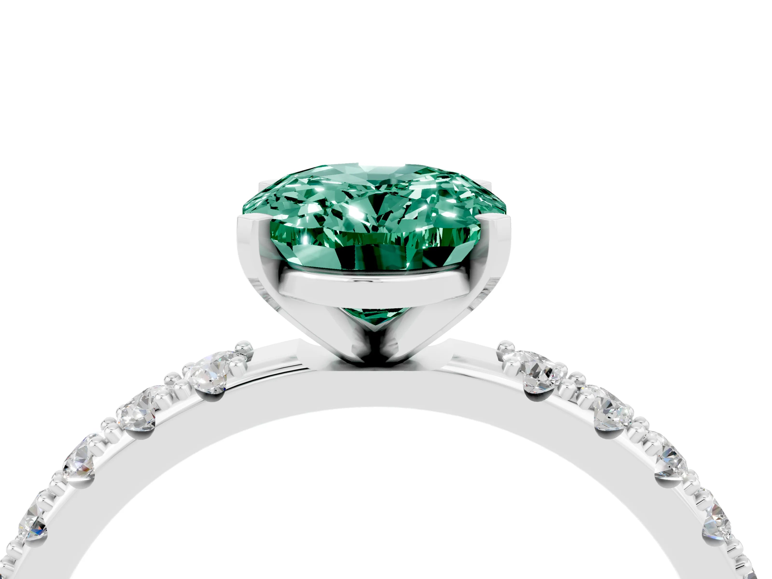 White gold Oval Cut Green Sapphire Solitaire Pavé Band with Four-Prong Setting_4
