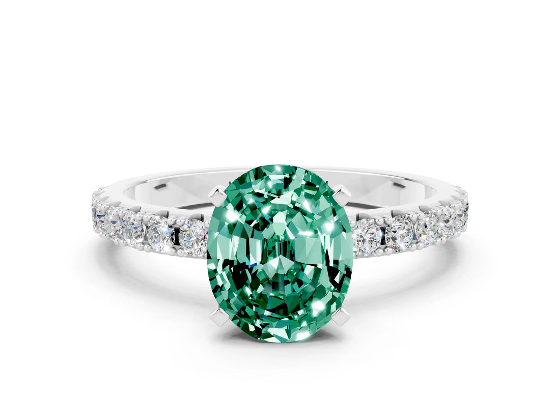 White gold Oval Cut Green Sapphire Solitaire Pavé Band with Four-Prong Setting