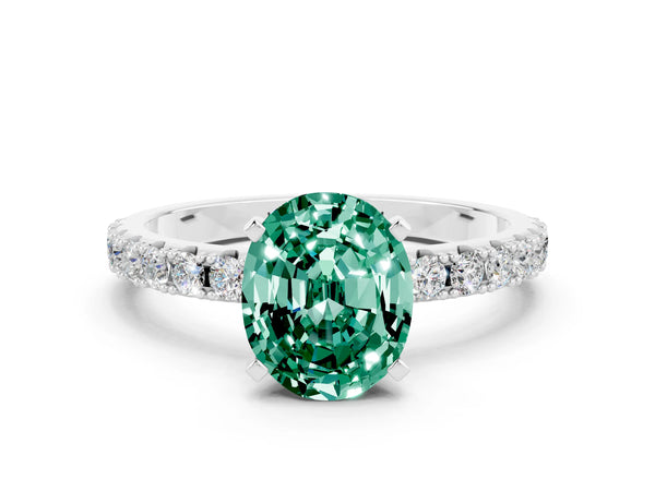 White gold Oval Cut Green Sapphire Solitaire Pavé Band with Four-Prong Setting