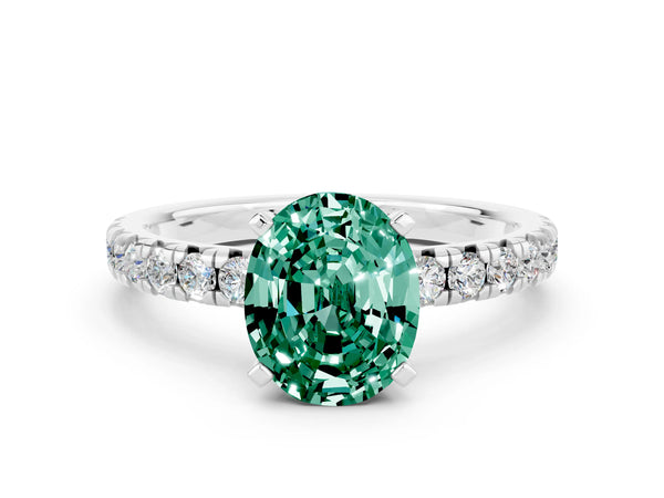 Platinum Oval Cut Green Sapphire Solitaire Pavé Engagement Ring with Round Band and Prong Setting