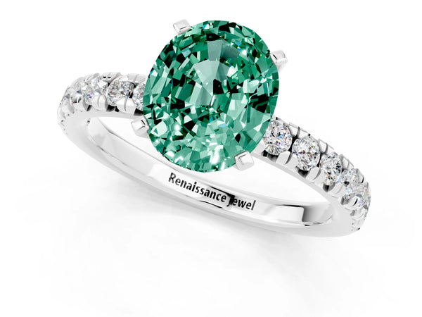 Platinum Oval Cut Green Sapphire Solitaire Pavé Engagement Ring with Round Band and Prong Setting