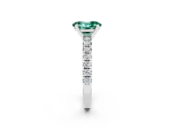 Silver Oval Cut Green Sapphire Solitaire Pavé Engagement Ring with Round Band and Prong Setting