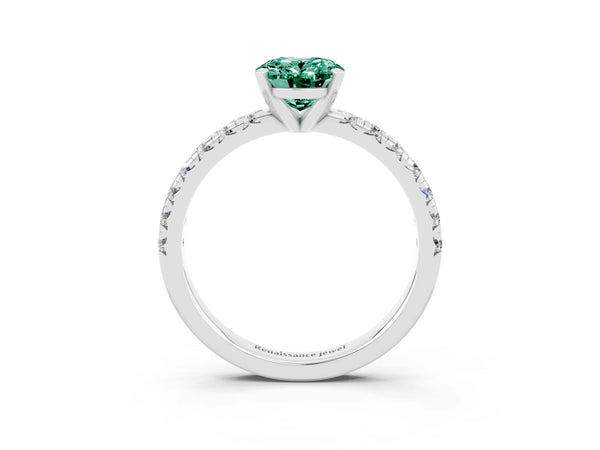 White gold Oval Cut Green Sapphire Solitaire Pavé Engagement Ring with Round Band and Prong Setting