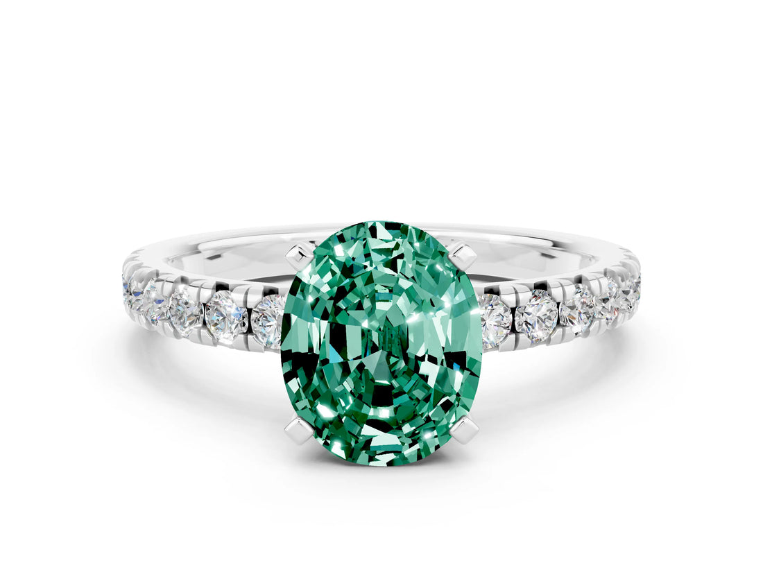 White gold Oval Cut Green Sapphire Solitaire Pavé Engagement Ring with Round Band and Prong Setting_72