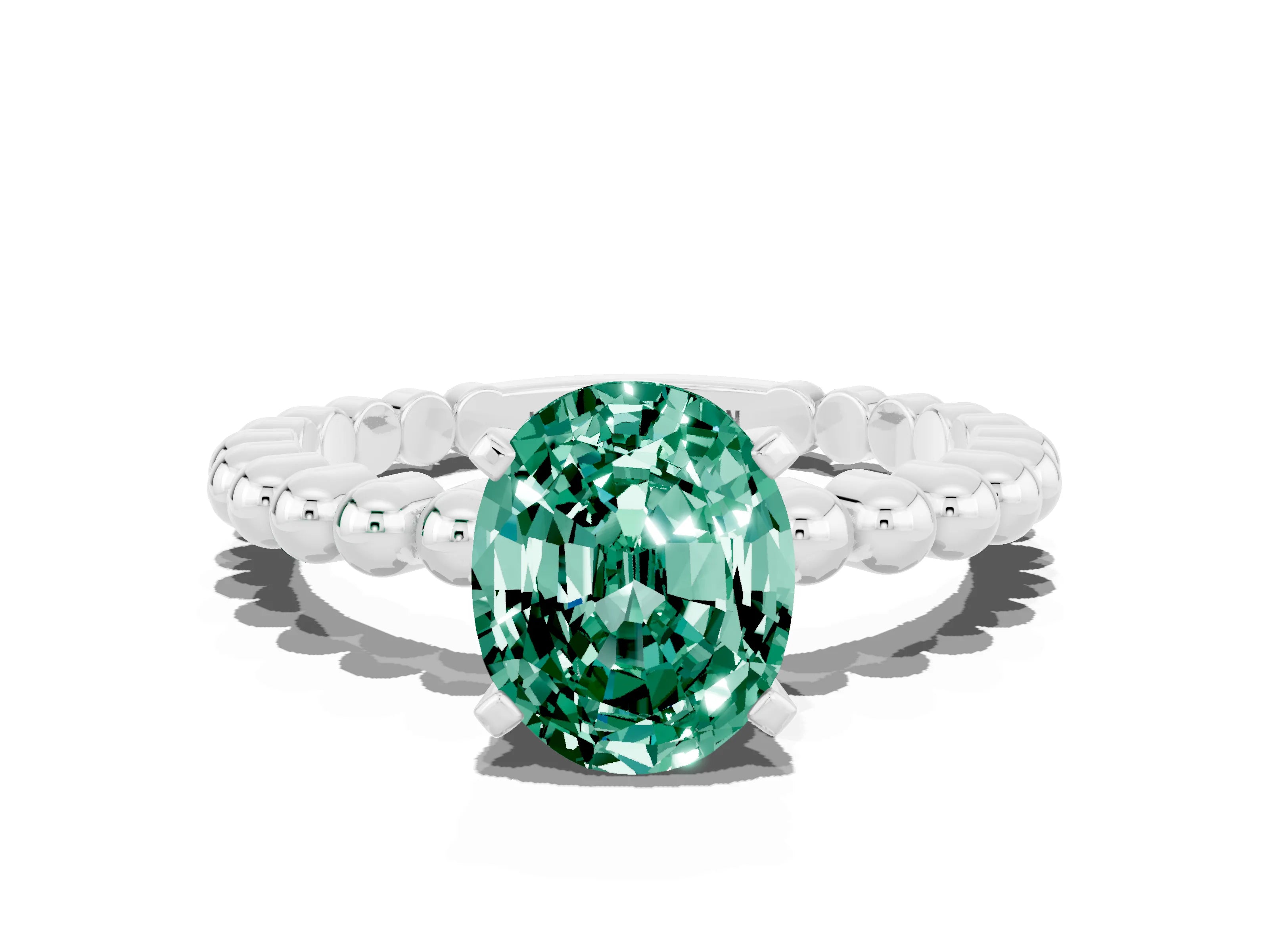 White gold Oval Cut Green Sapphire Solitaire Ring with Beaded Band and Prong Setting