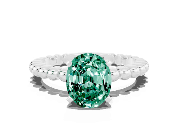 Platinum Oval Cut Green Sapphire Solitaire Ring with Beaded Band and Prong Setting