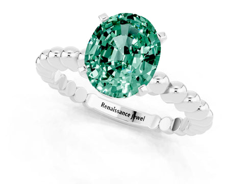 White gold Oval Cut Green Sapphire Solitaire Ring with Beaded Band and Prong Setting_13