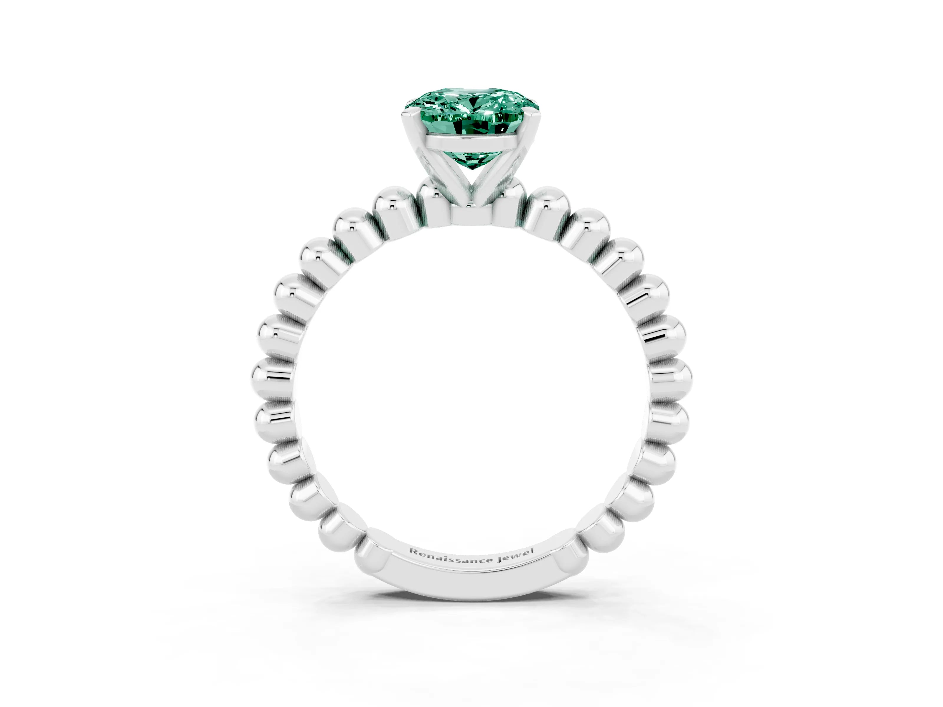 White gold Oval Cut Green Sapphire Solitaire Ring with Beaded Band and Prong Setting_15