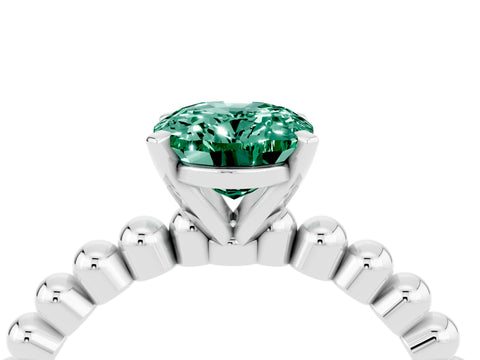 White gold Oval Cut Green Sapphire Solitaire Ring with Beaded Band and Prong Setting_16