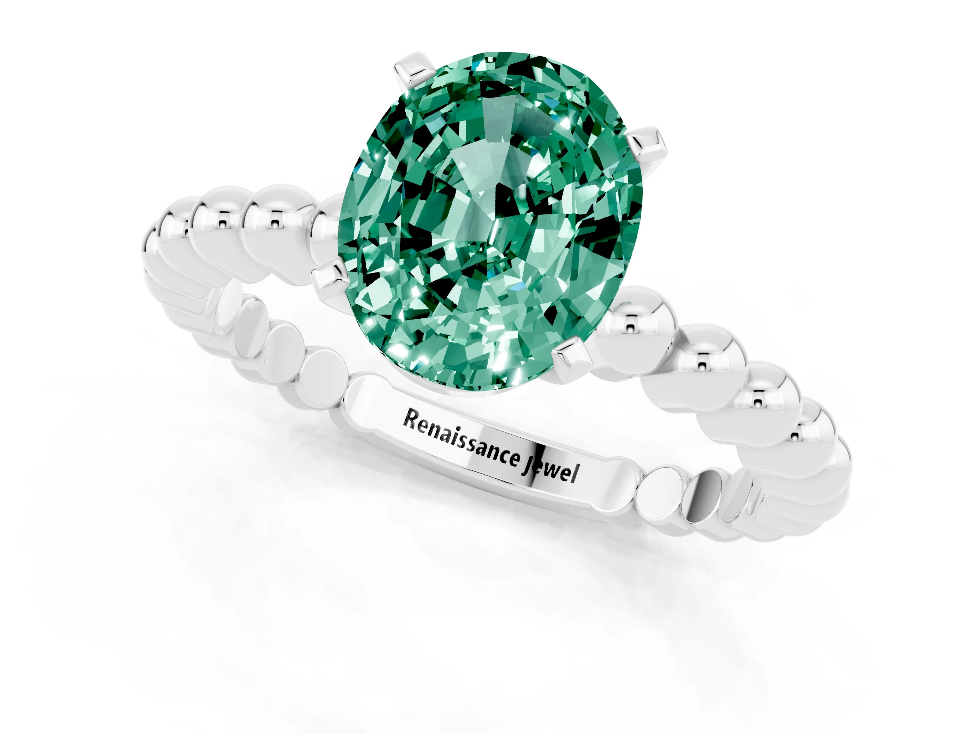 White gold Oval Cut Green Sapphire Solitaire Ring with Beaded Band and Prong Setting_1