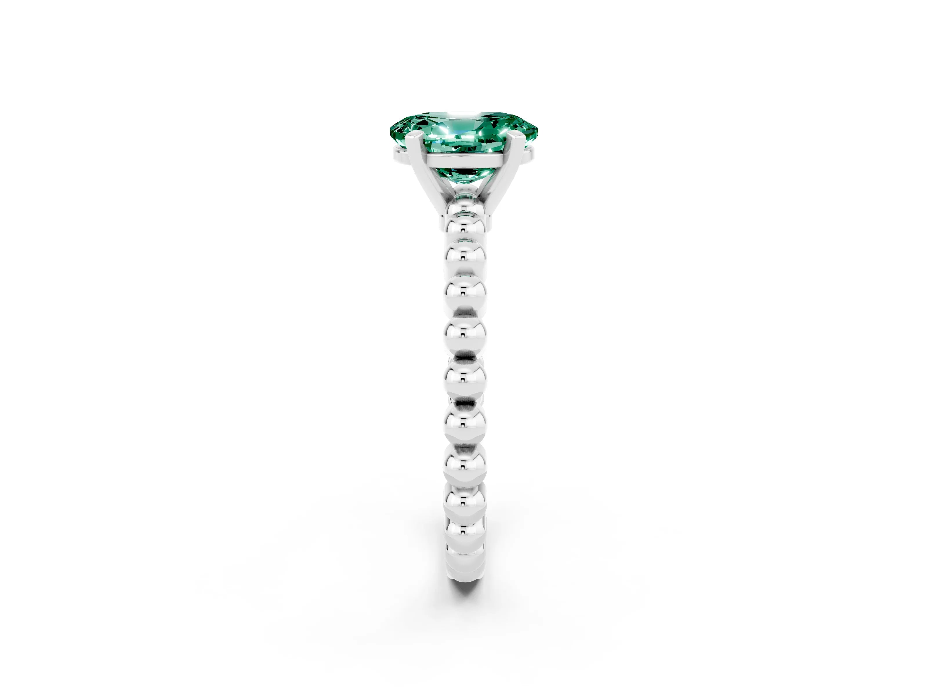 White gold Oval Cut Green Sapphire Solitaire Ring with Beaded Band and Prong Setting_2