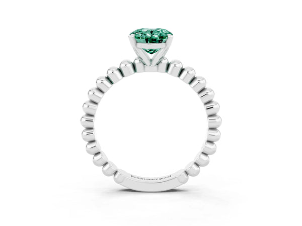 Silver Oval Cut Green Sapphire Solitaire Ring with Beaded Band and Prong Setting