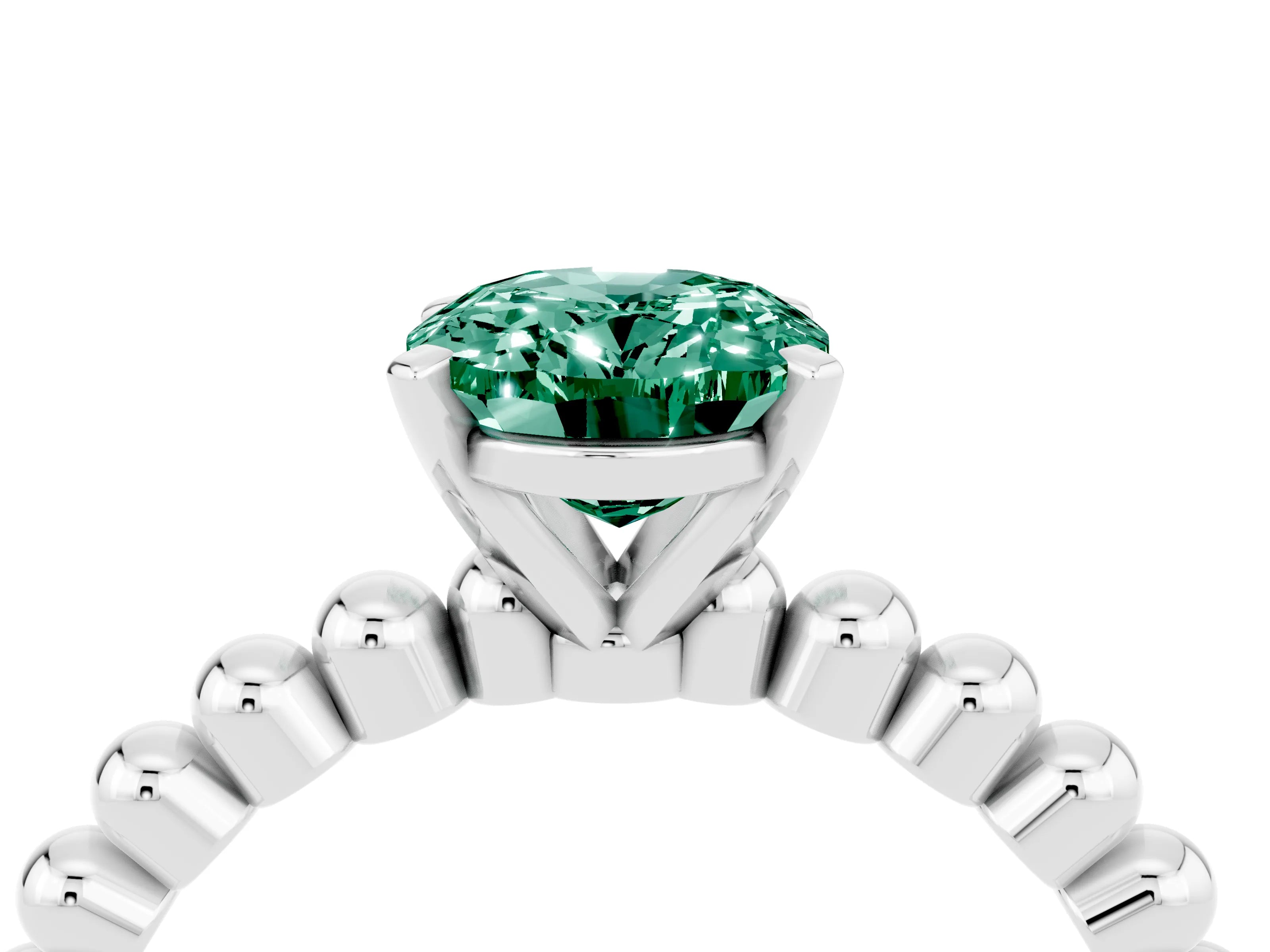 White gold Oval Cut Green Sapphire Solitaire Ring with Beaded Band and Prong Setting_4