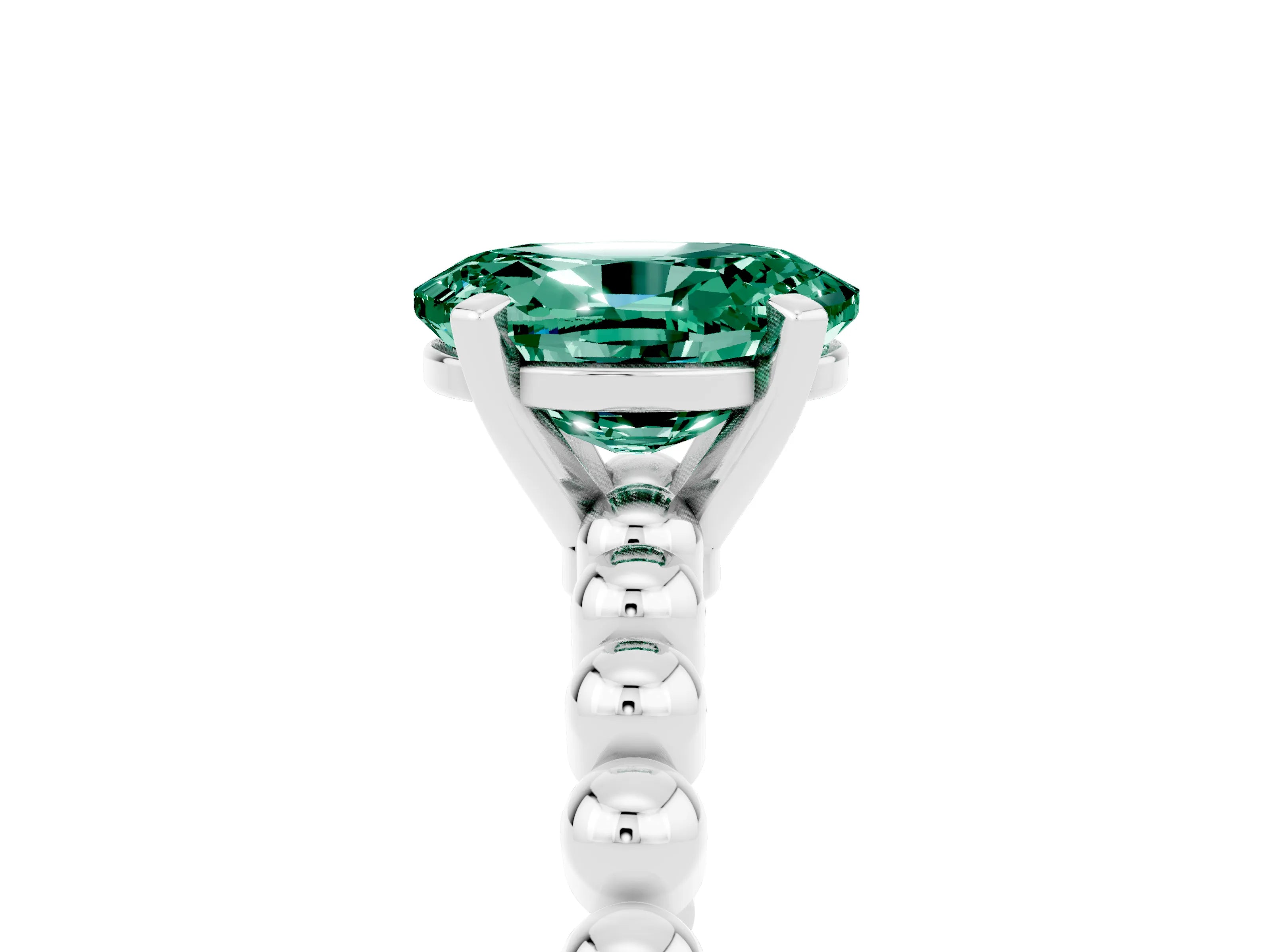 White gold Oval Cut Green Sapphire Solitaire Ring with Beaded Band and Prong Setting_5