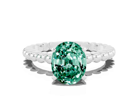White gold Oval Cut Green Sapphire Solitaire Ring with Beaded Band and Prong Setting