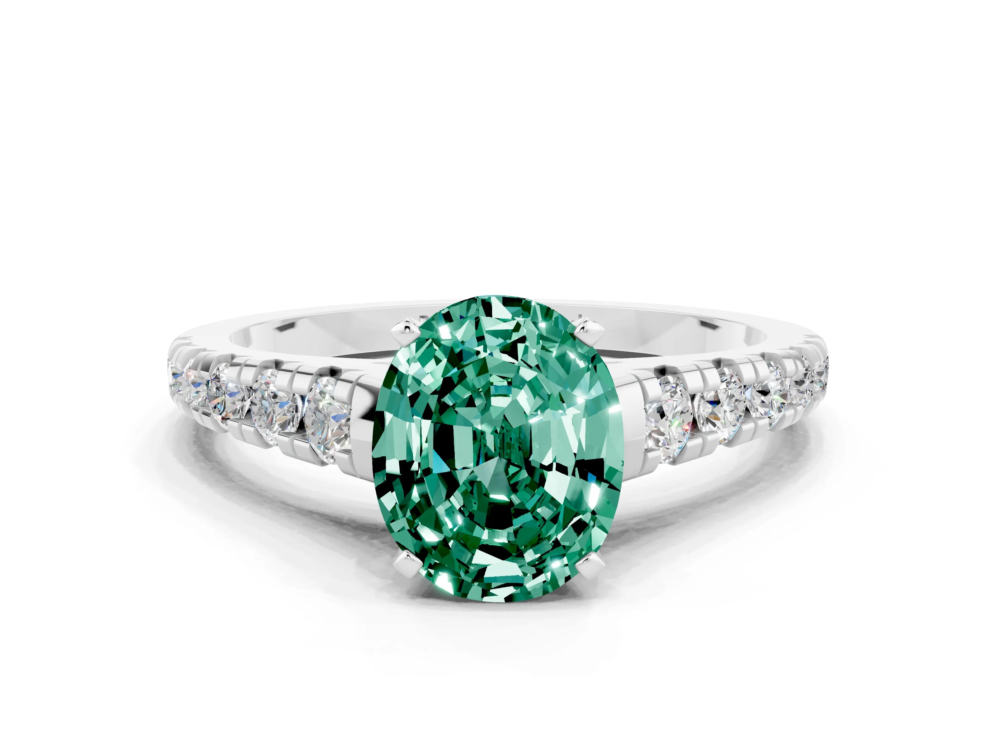 White gold Oval Cut Green Sapphire Solitaire Ring with Cathedral Setting and Pavé Band