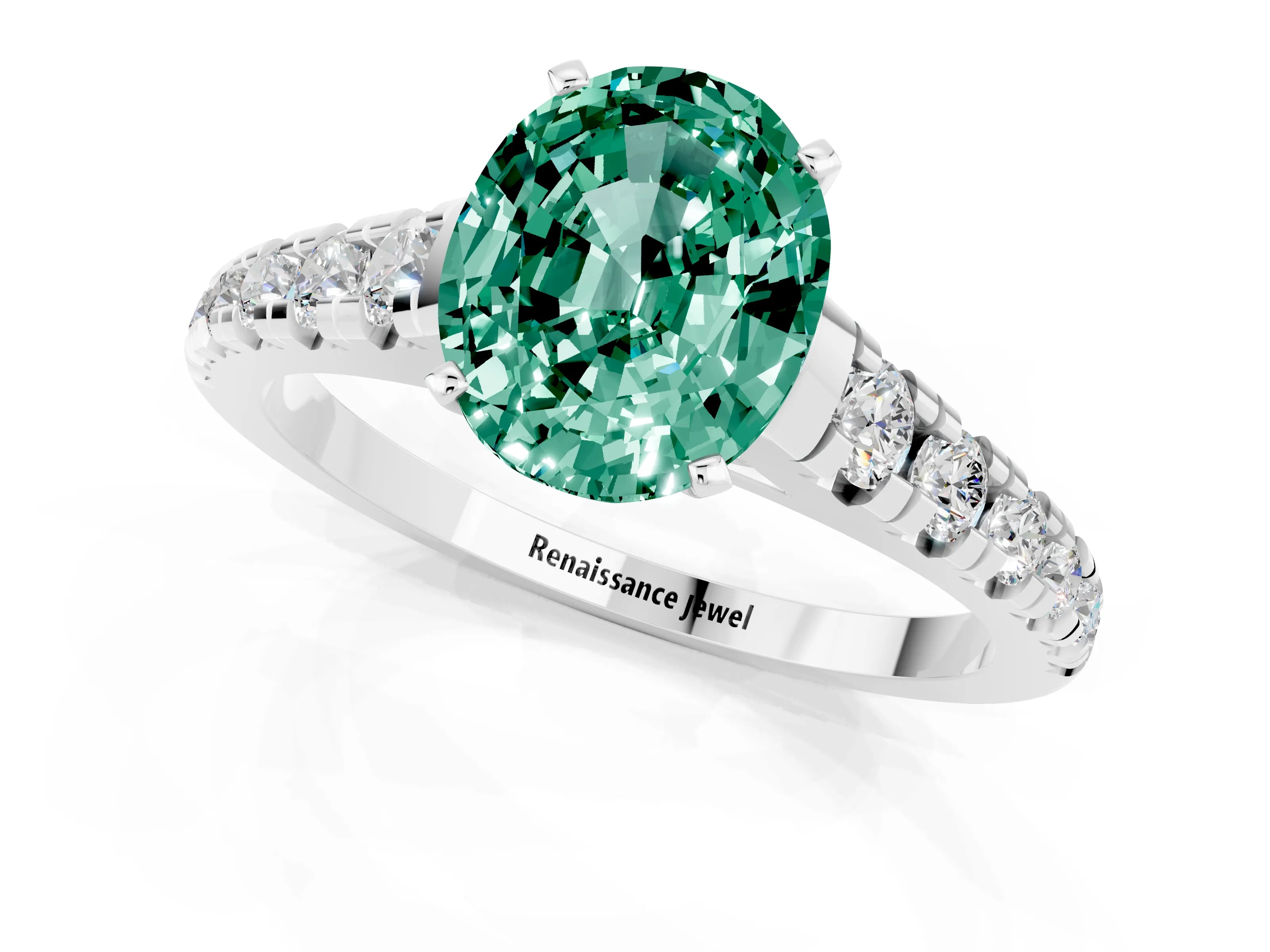 White gold Oval Cut Green Sapphire Solitaire Ring with Cathedral Setting and Pavé Band_1