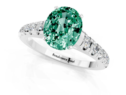 White gold Oval Cut Green Sapphire Solitaire Ring with Cathedral Setting and Pavé Band_1