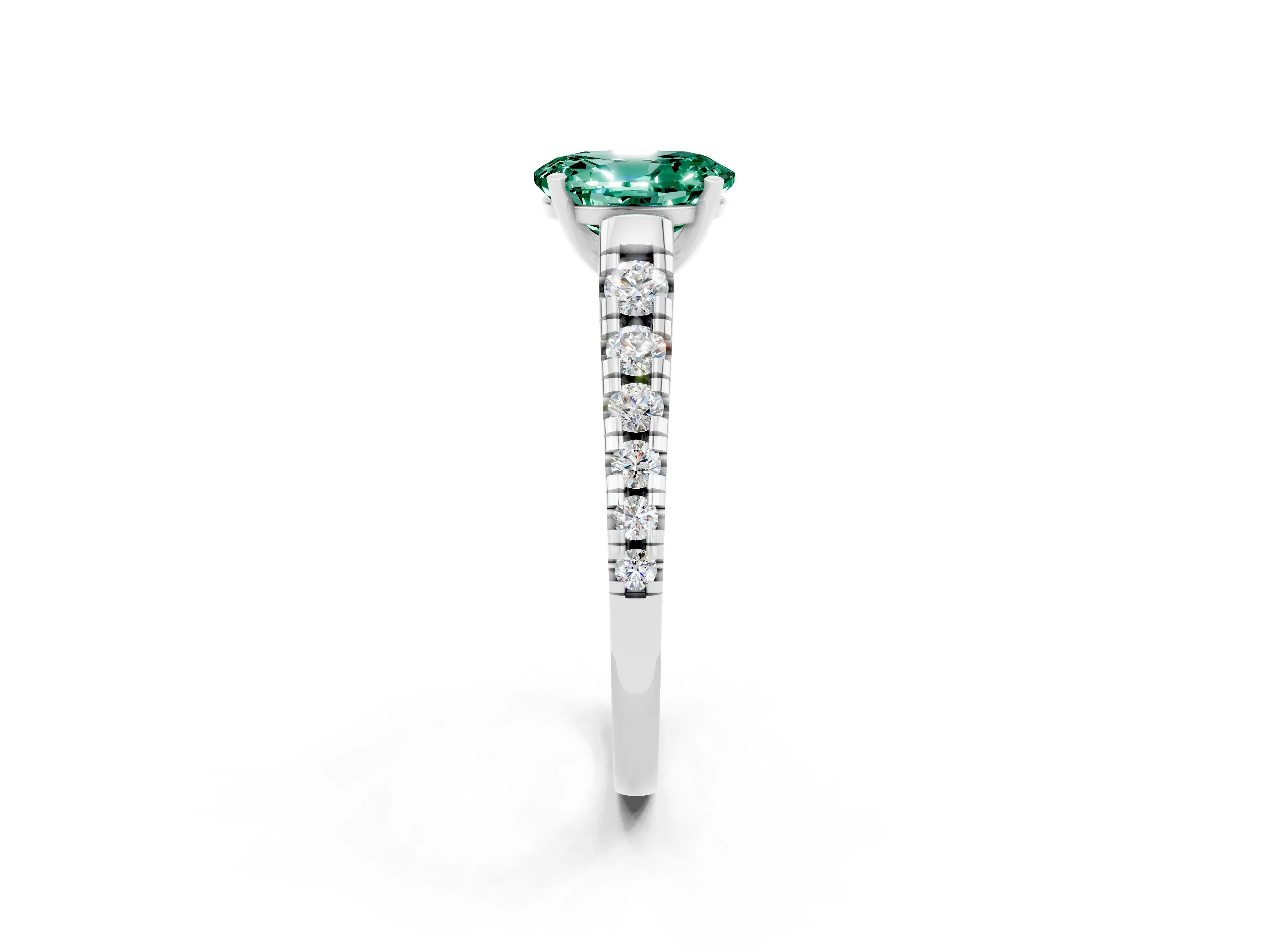 White gold Oval Cut Green Sapphire Solitaire Ring with Cathedral Setting and Pavé Band_2