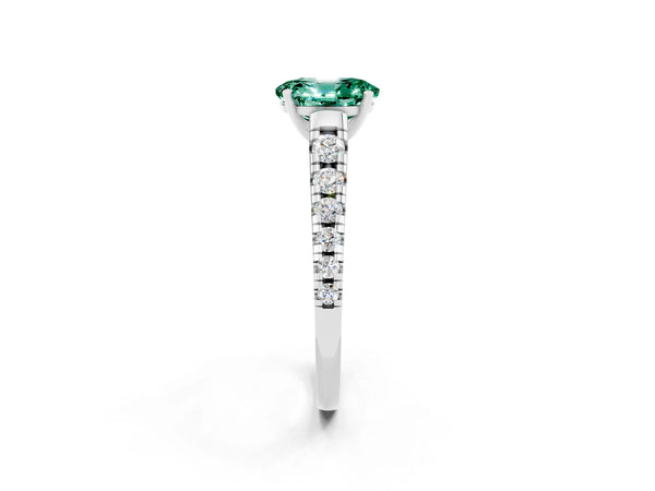 Silver Oval Cut Green Sapphire Cathedral Solitaire Ring with Round  Pavé Band
