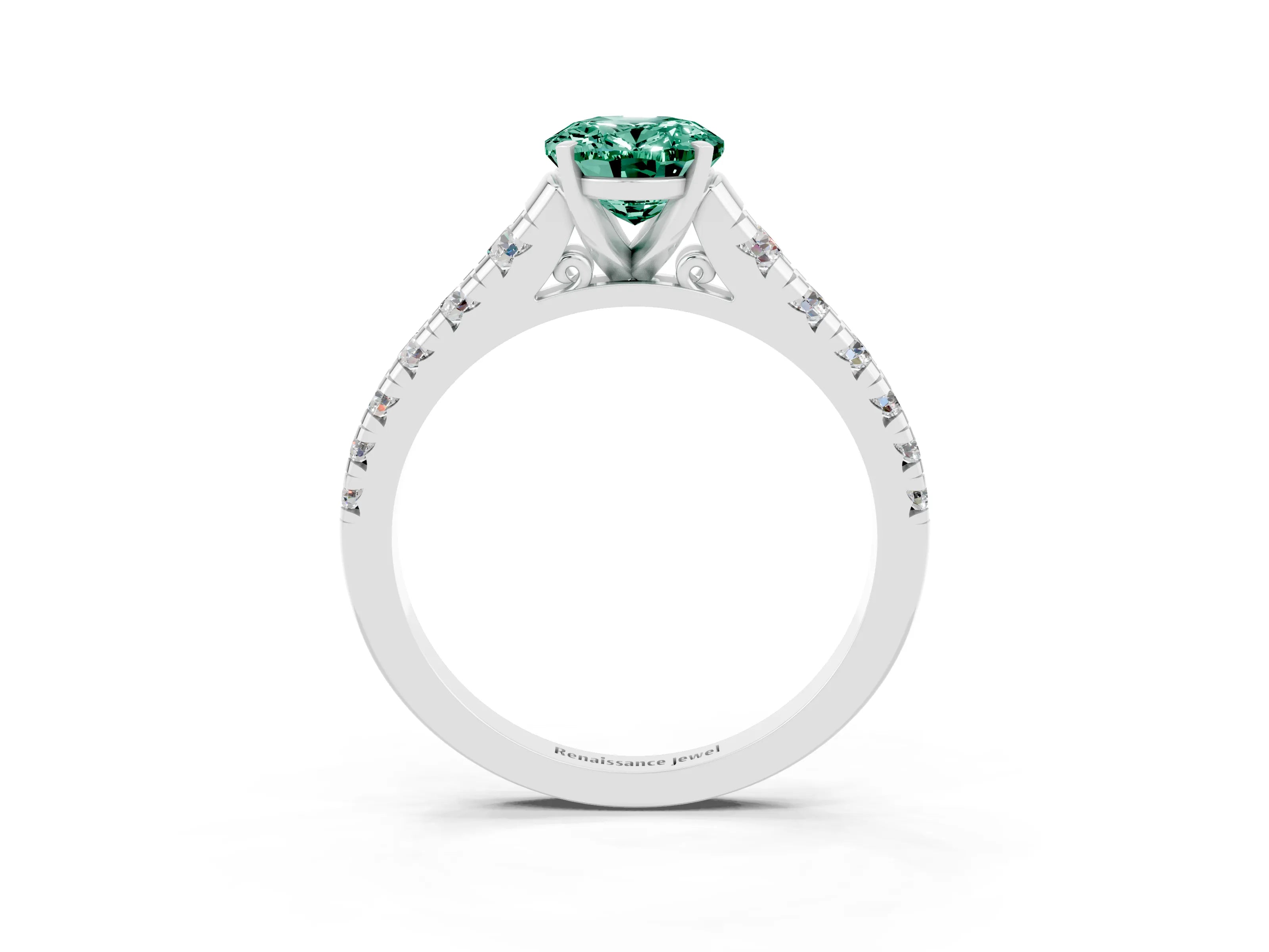 White gold Oval Cut Green Sapphire Solitaire Ring with Cathedral Setting and Pavé Band_3