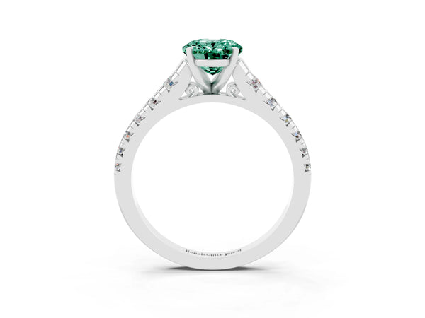 Silver Oval Cut Green Sapphire Cathedral Solitaire Ring with Round  Pavé Band