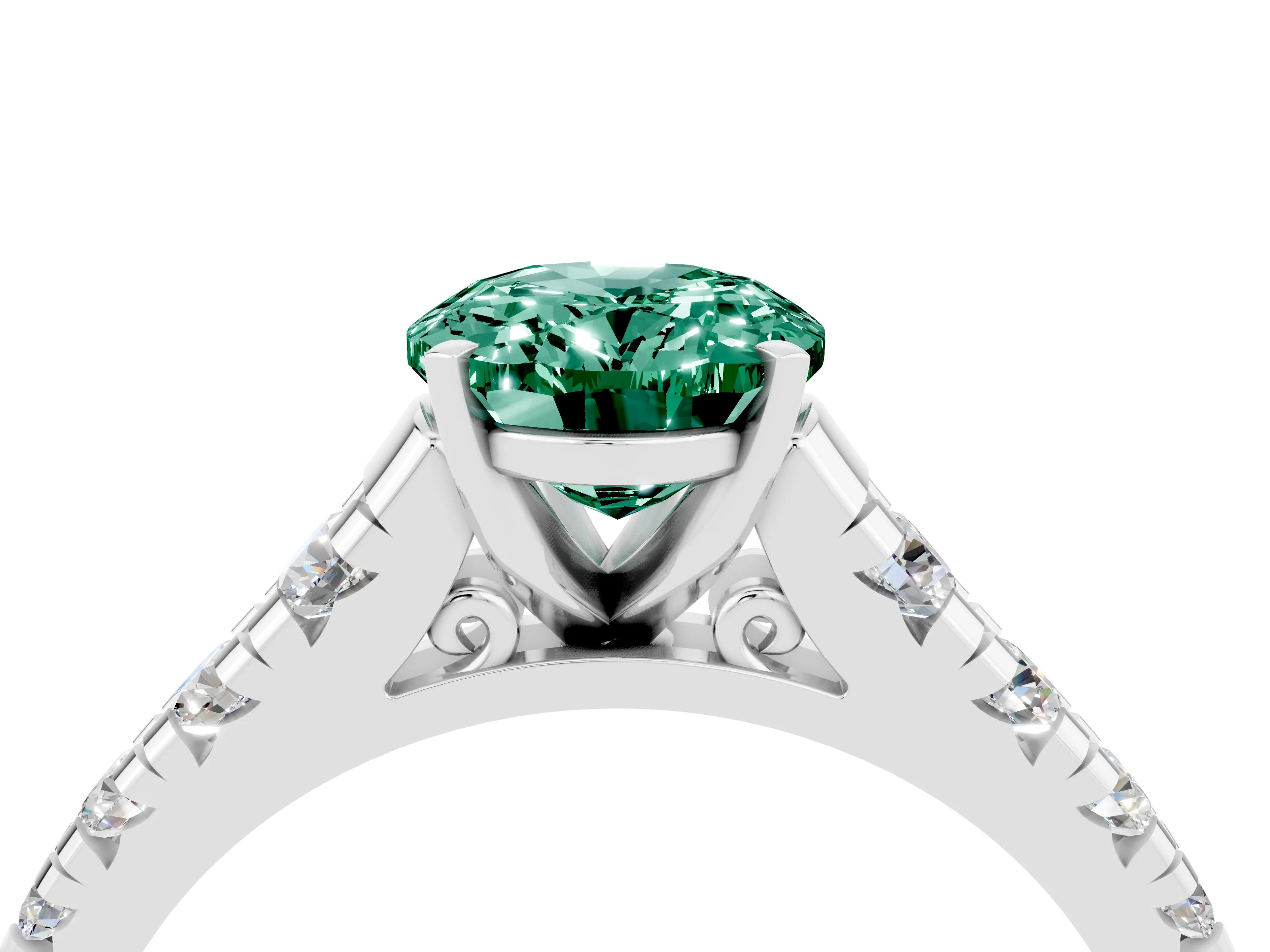 White gold Oval Cut Green Sapphire Solitaire Ring with Cathedral Setting and Pavé Band_4