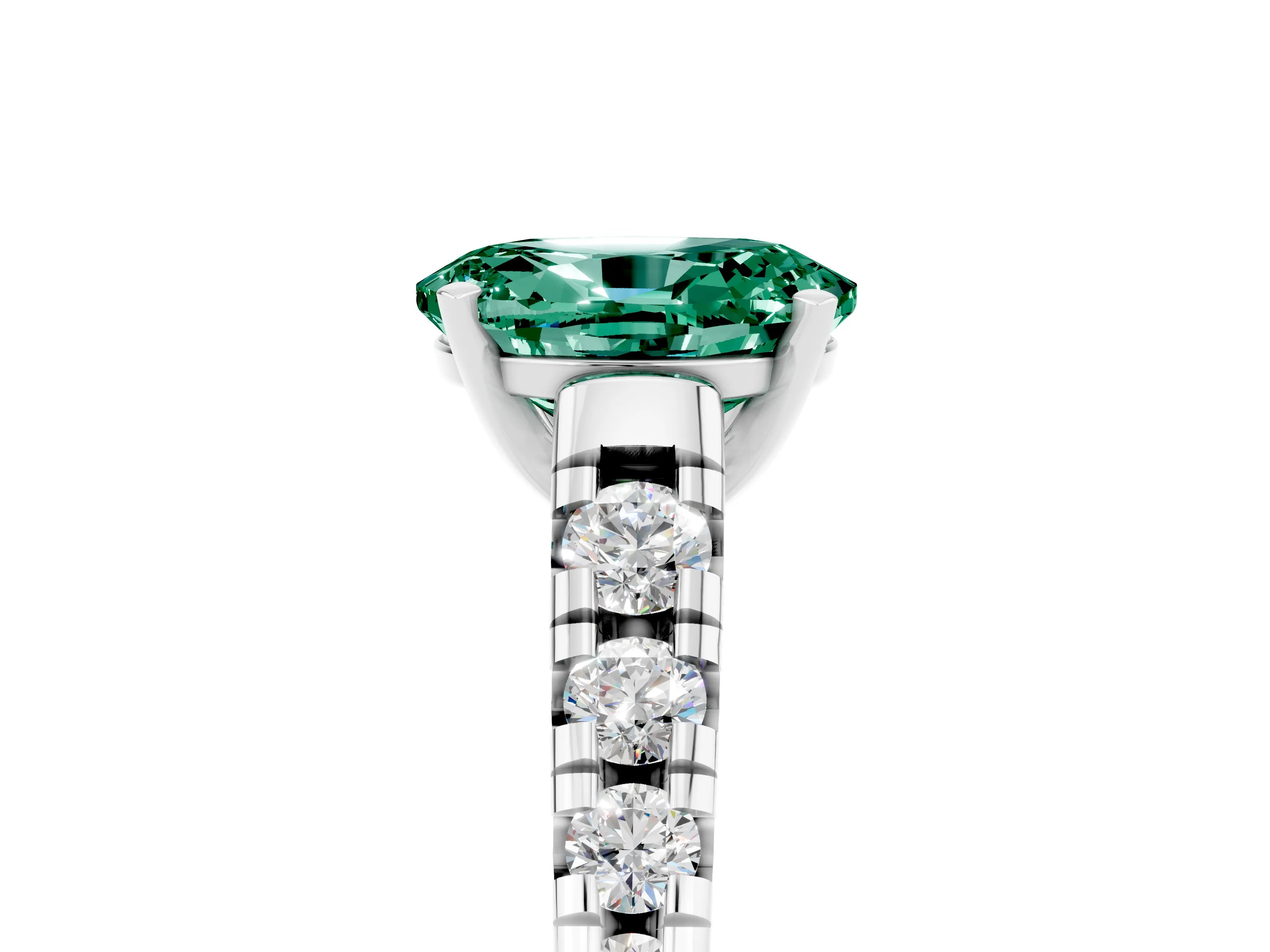 White gold Oval Cut Green Sapphire Solitaire Ring with Cathedral Setting and Pavé Band_5