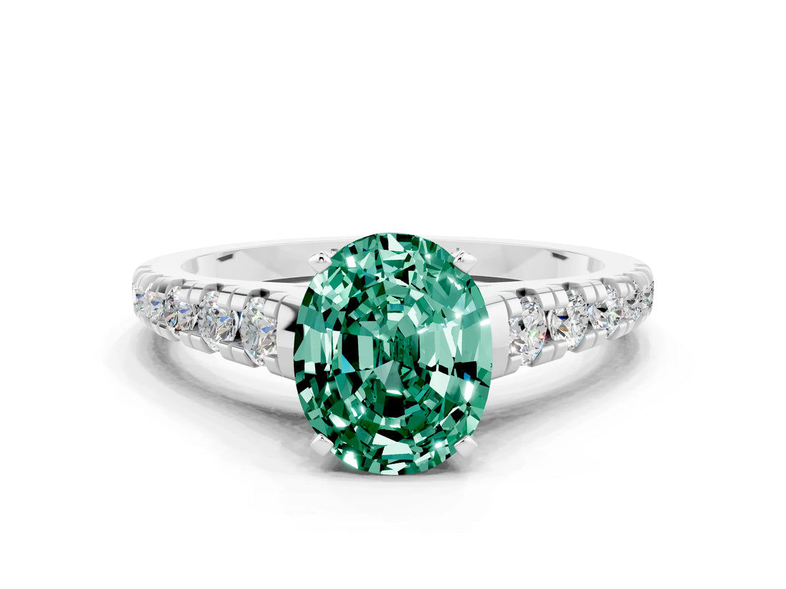 White gold Oval Cut Green Sapphire Solitaire Ring with Cathedral Setting and Pavé Band