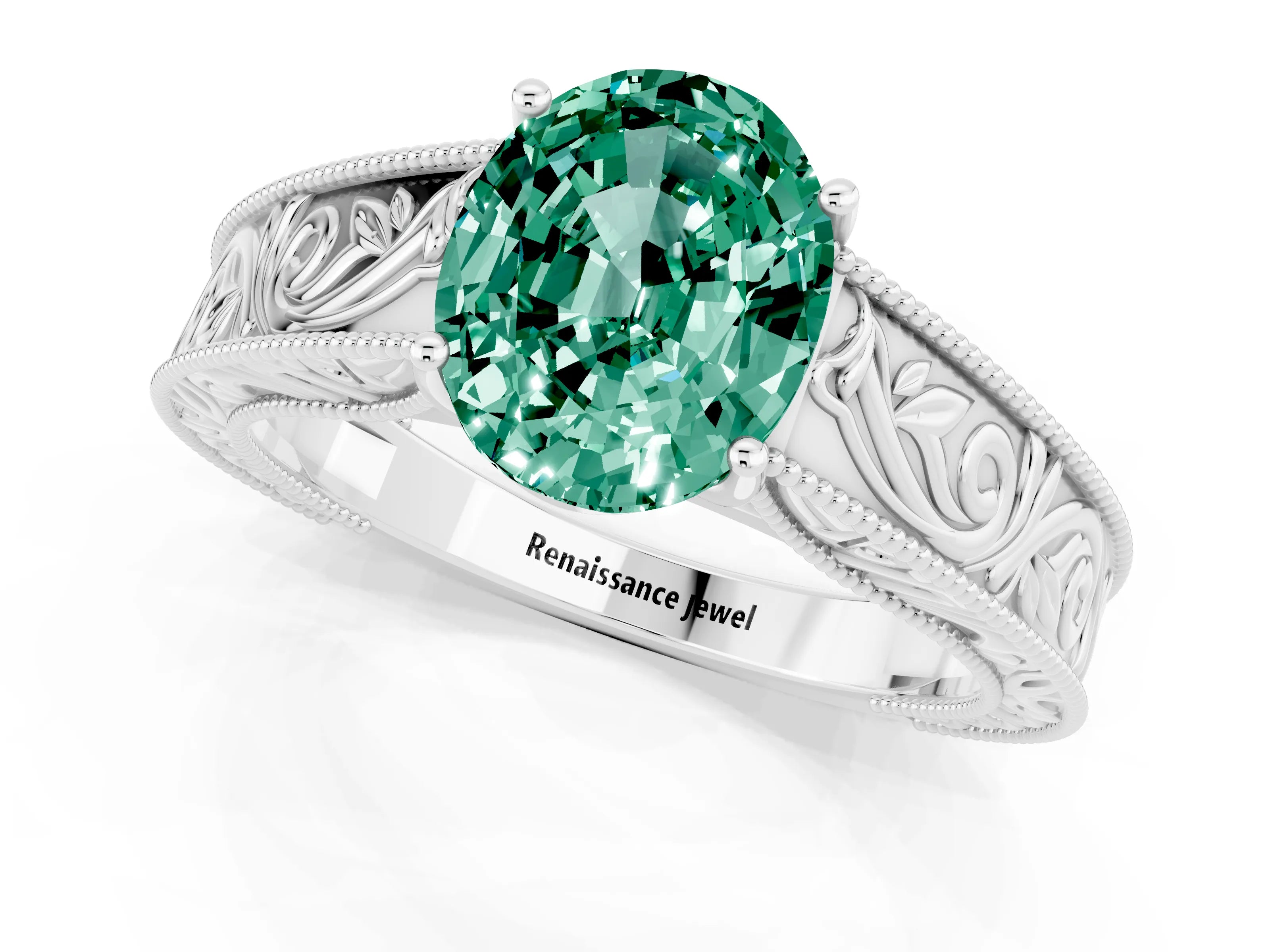 White gold Oval Cut Green Sapphire Solitaire Ring with Engraved Band and Four-Prong Setting_1