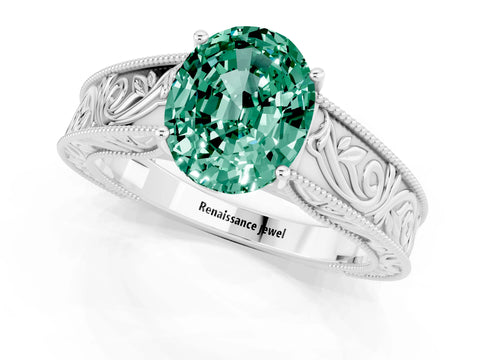 White gold Oval Cut Green Sapphire Solitaire Ring with Engraved Band and Four-Prong Setting_1