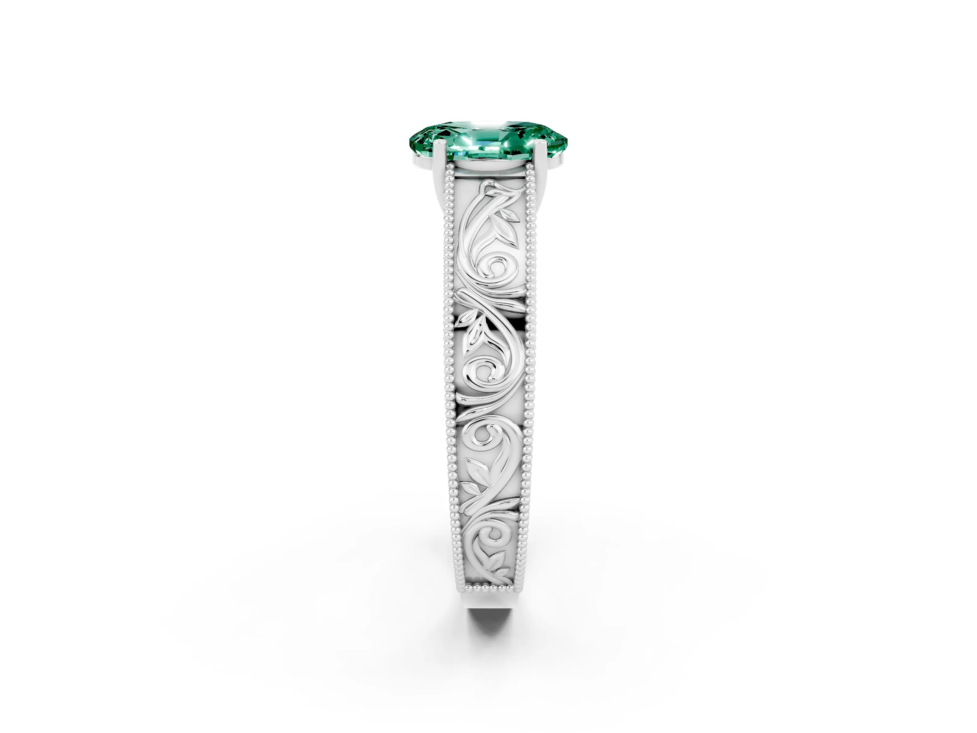 White gold Oval Cut Green Sapphire Solitaire Ring with Engraved Band and Four-Prong Setting_2