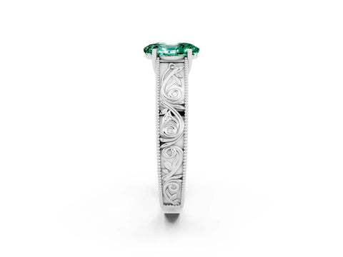 White gold Oval Cut Green Sapphire Solitaire Ring with Engraved Band and Four-Prong Setting_2