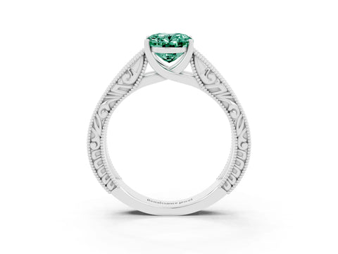 White gold Oval Cut Green Sapphire Solitaire Ring with Engraved Band and Four-Prong Setting_3